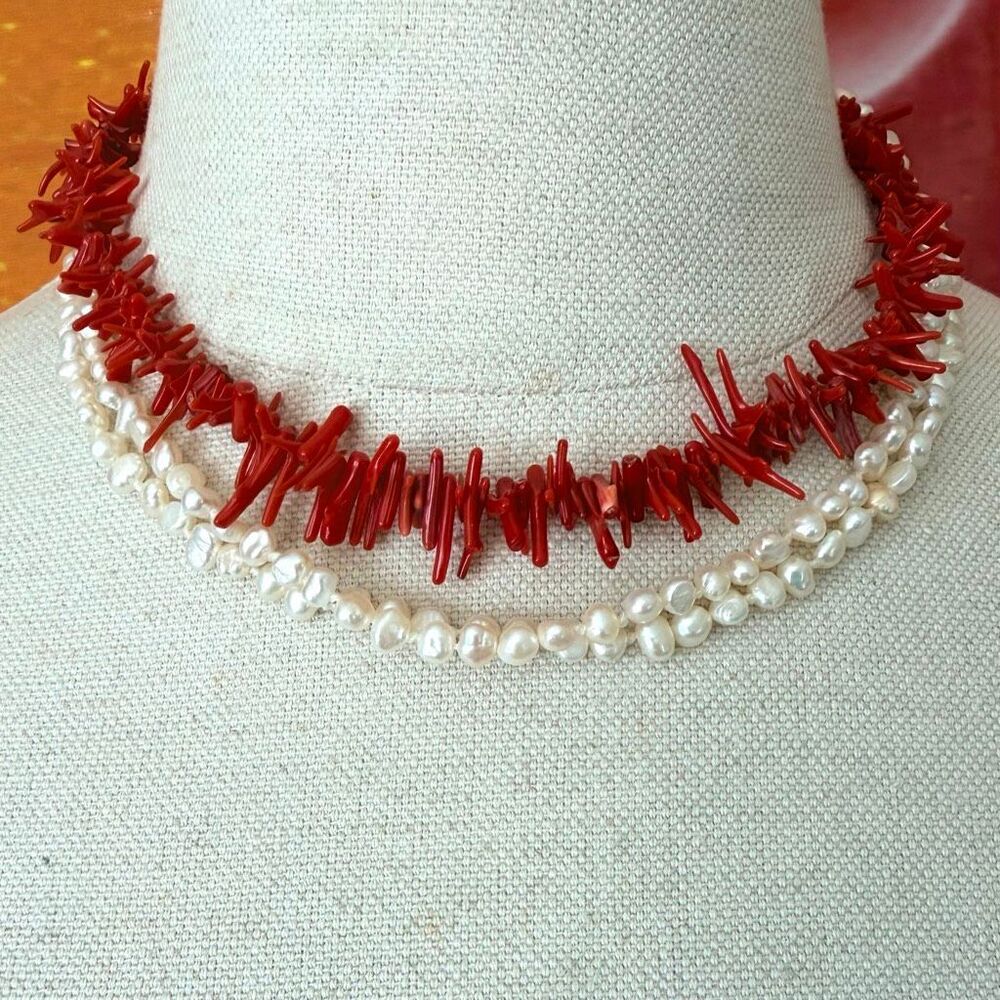 Genuine Red Branch Coral & Cultured Freshwater Pearl Multi Strand Necklace